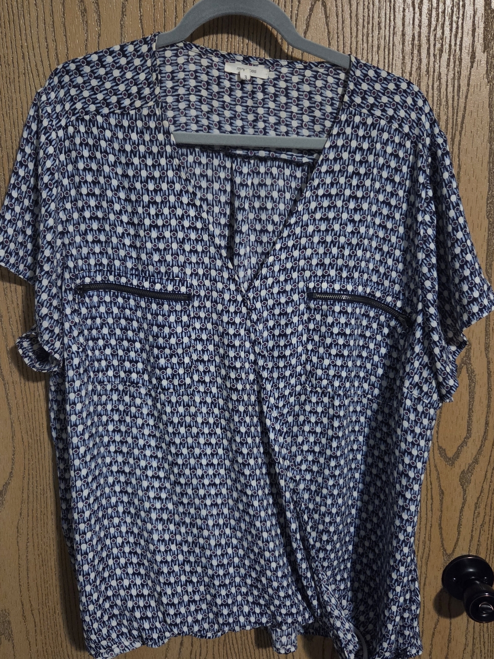 Maurices Blue and White Geometric V-Neck Blouse